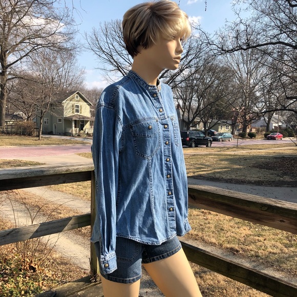 Liz Claiborne Jeans Vintage 90s Cotton Chambray Long Sleeve Snap Front Shirt - Picture 3 of 12